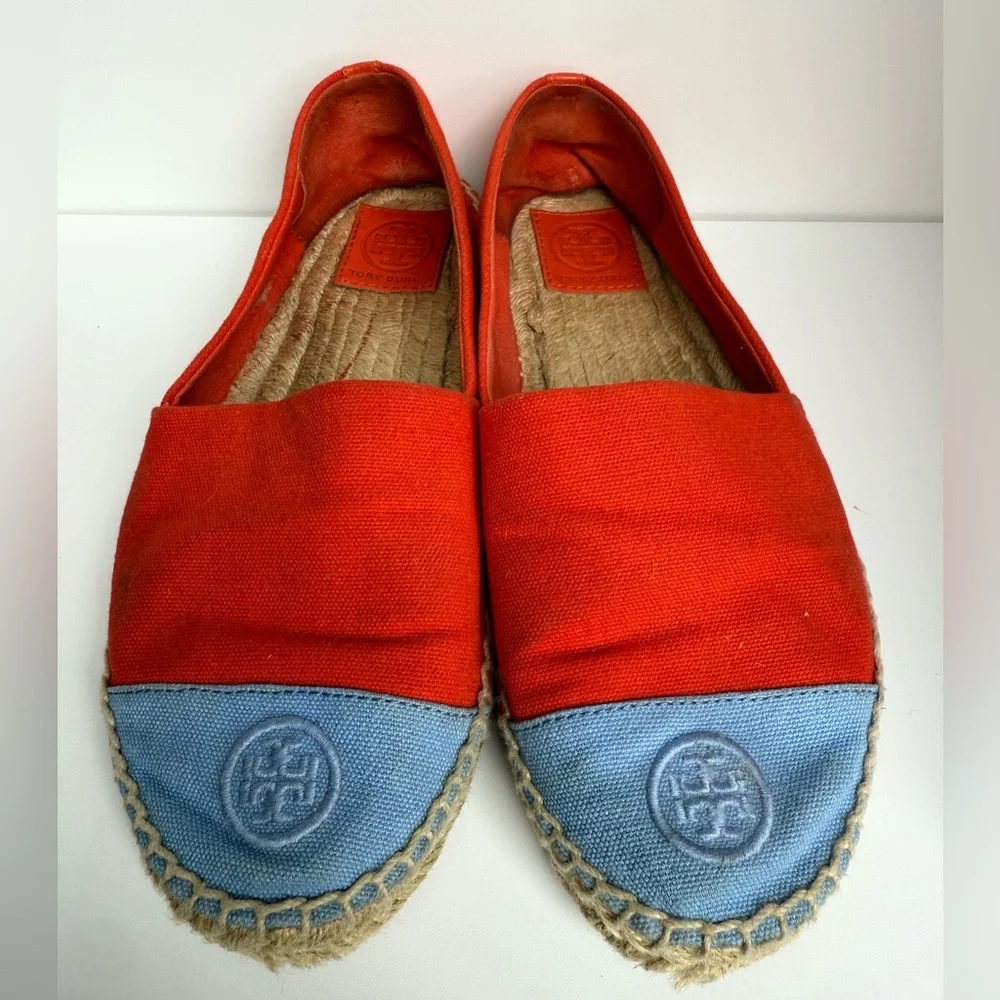 Tory Burch Colorblock Canvas Espadrilles Red Blue Flats Size 9 Logo Cap‎ Toe